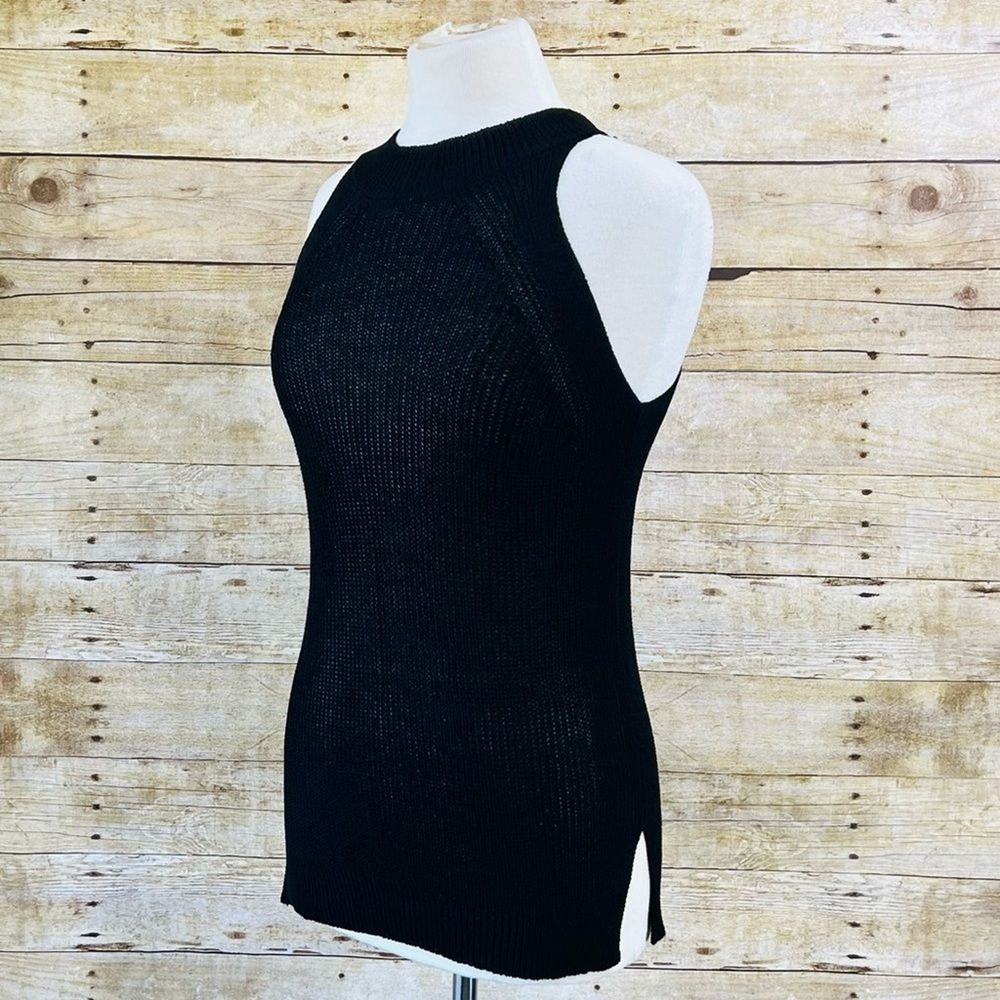 Black‎ High Neck Halter Knit Sleeveless Top with Side Slits Ribbed Tank - Picture 3 of 6